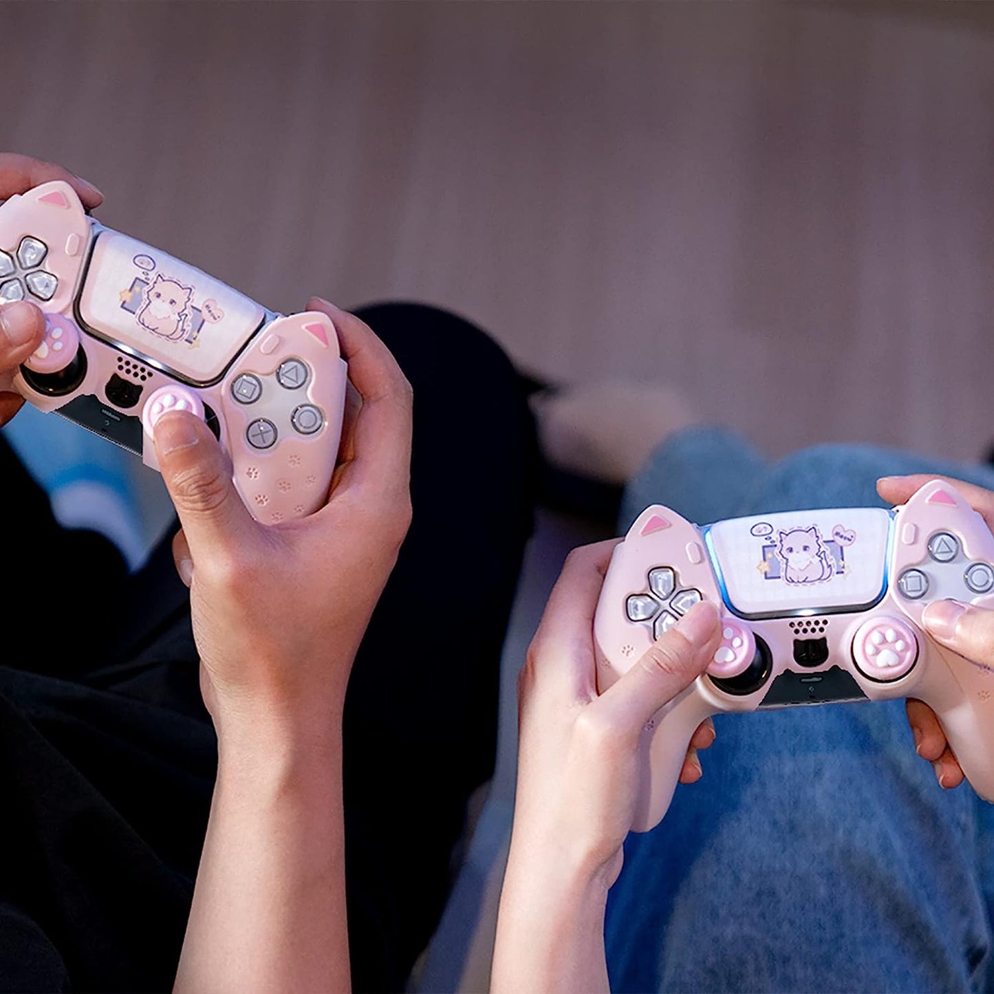 Pink PS5 Cat Controller Silicone Cover In Hands